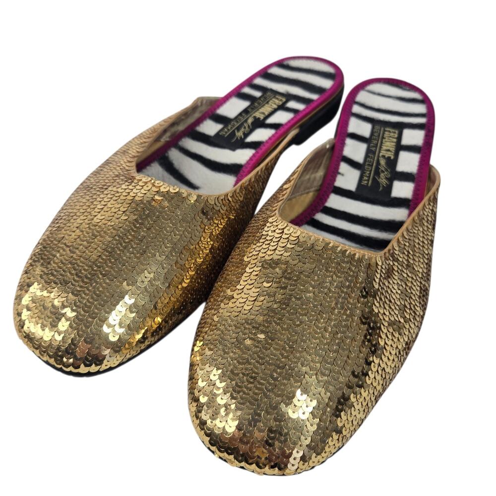 Beverly Feldman Frankie and Baby VTG Sequin Flats Mules Gold Slides Size 11B - Picture 3 of 10